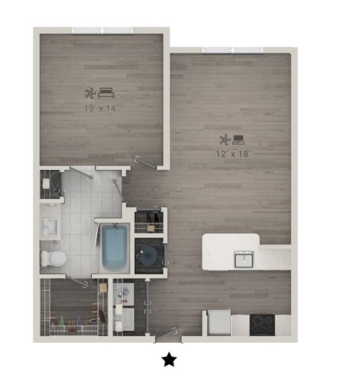 Floor plan for 1 bed, 1 bath, 688 sqft
